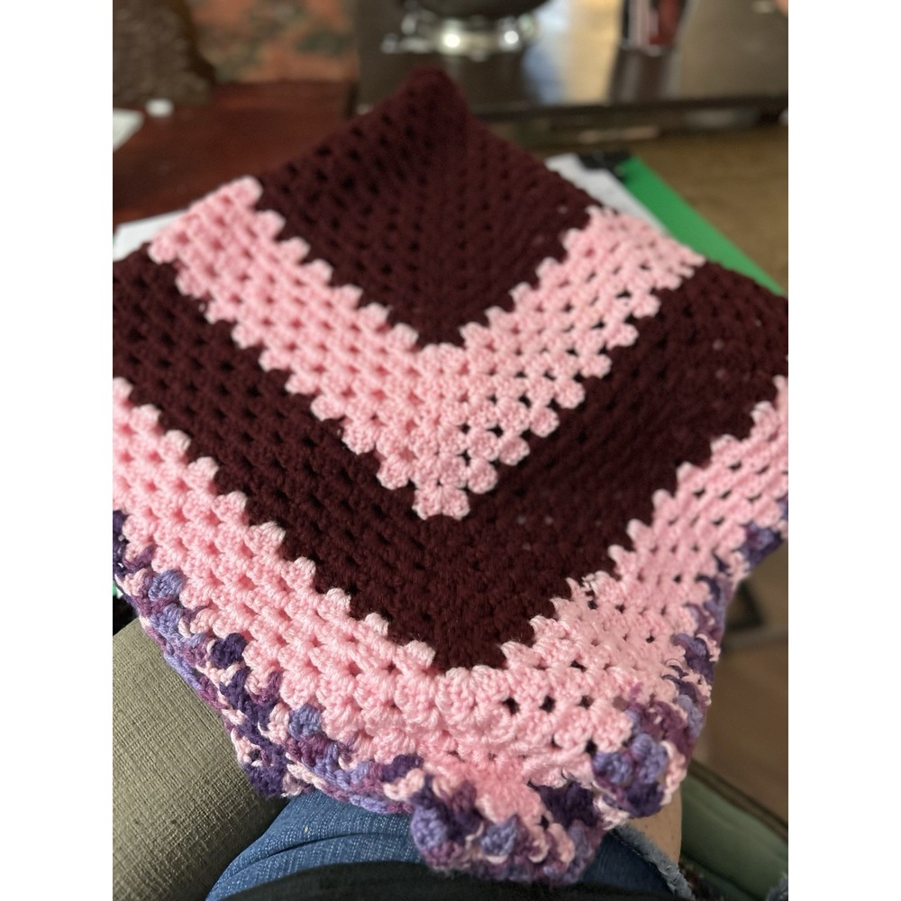 Crocheted Blanket Pink And Maroon, 37" X 37" Square